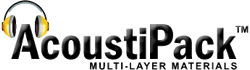 AcoustiPack Multi-layer Materials. Image shows AcoustiPack™ logo. AcoustiPack™ is the brand name for retail DIY kits of acoustic materials manufactured by Acousti Products.