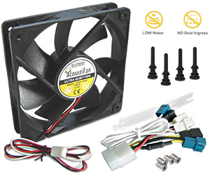 AcoustiFan™ DustPROOF - A range of very quiet, multi-purpose long-life PC fans supplied with accessories for truly noiseless operation. Image shows a black AFDP 120mm PC fan showing the metallic badge on the back of the fan motor. In the forground are the fan accessories: a 3-speed fan cable, 4x tie wraps and 4x fan mounting screws. Also showing graphics depicting low noise and no dust ingress.