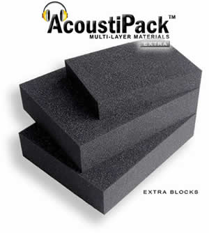 AcoustiPack™ EXTRA Foam Blocks. Image shows 3 black acoustic foam blocks unpacked. Image also contains icons reading: RoHS Compliant.