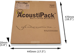 AcoustiPack™ ULTIMATE kit packaging. Image shows a printed brown cardboard package, with product label, and 'AcoustiPack' logo. The external dimensions are shown.